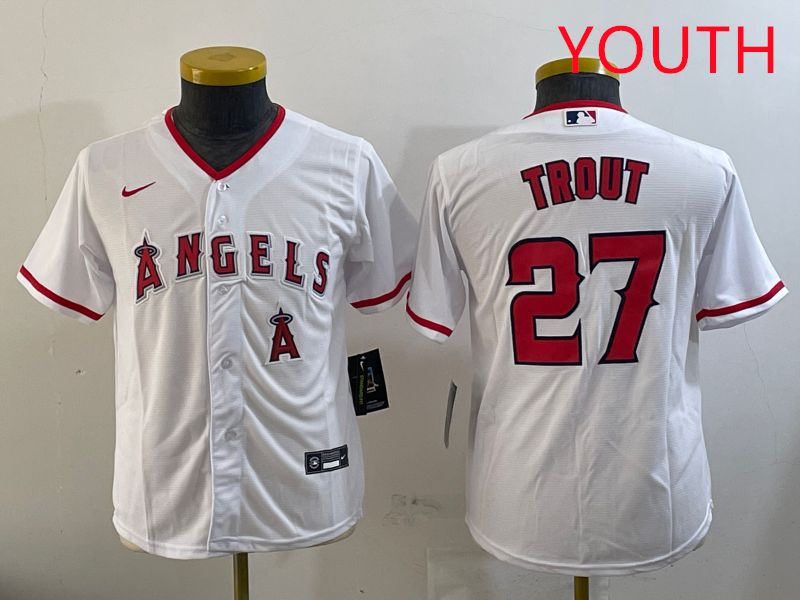 Youth Los Angeles Angels #27 Trout White Game 2025 Nike MLB Jersey style 1